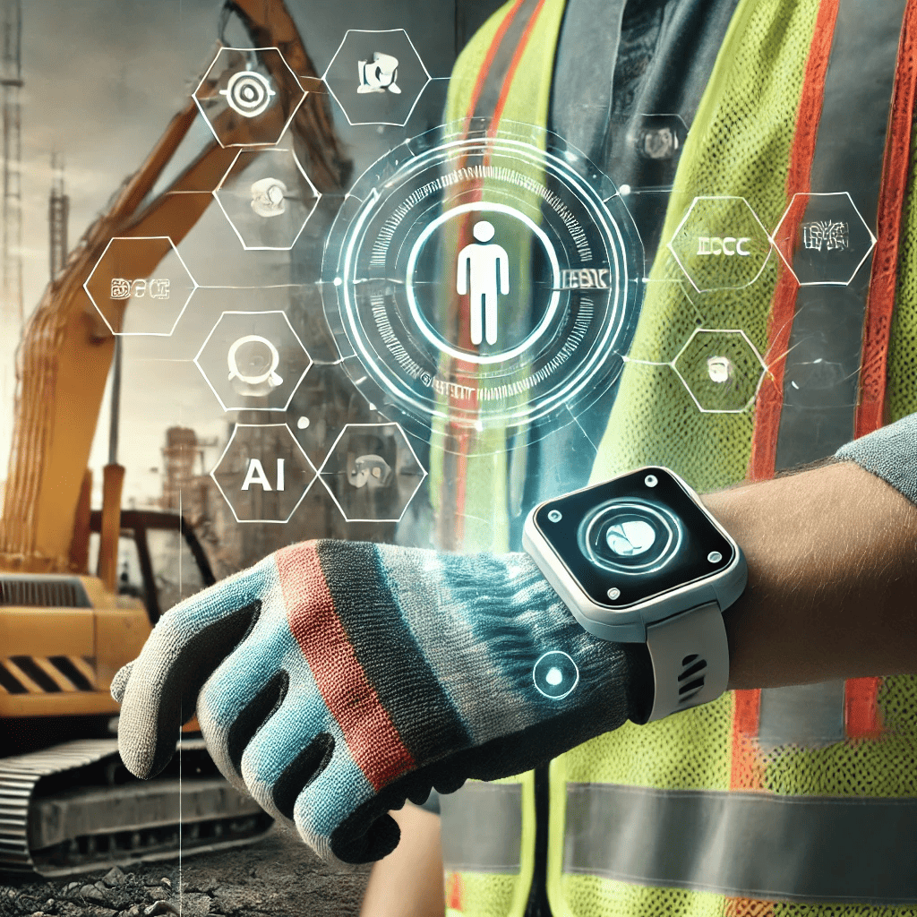 Construction workers using wearable tech and AI tools to improve safety on-site.