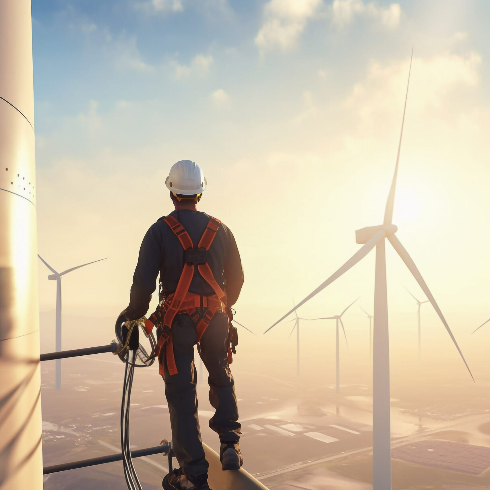 A worker standing above a wind turbine in a harness looks at the view - ai generative