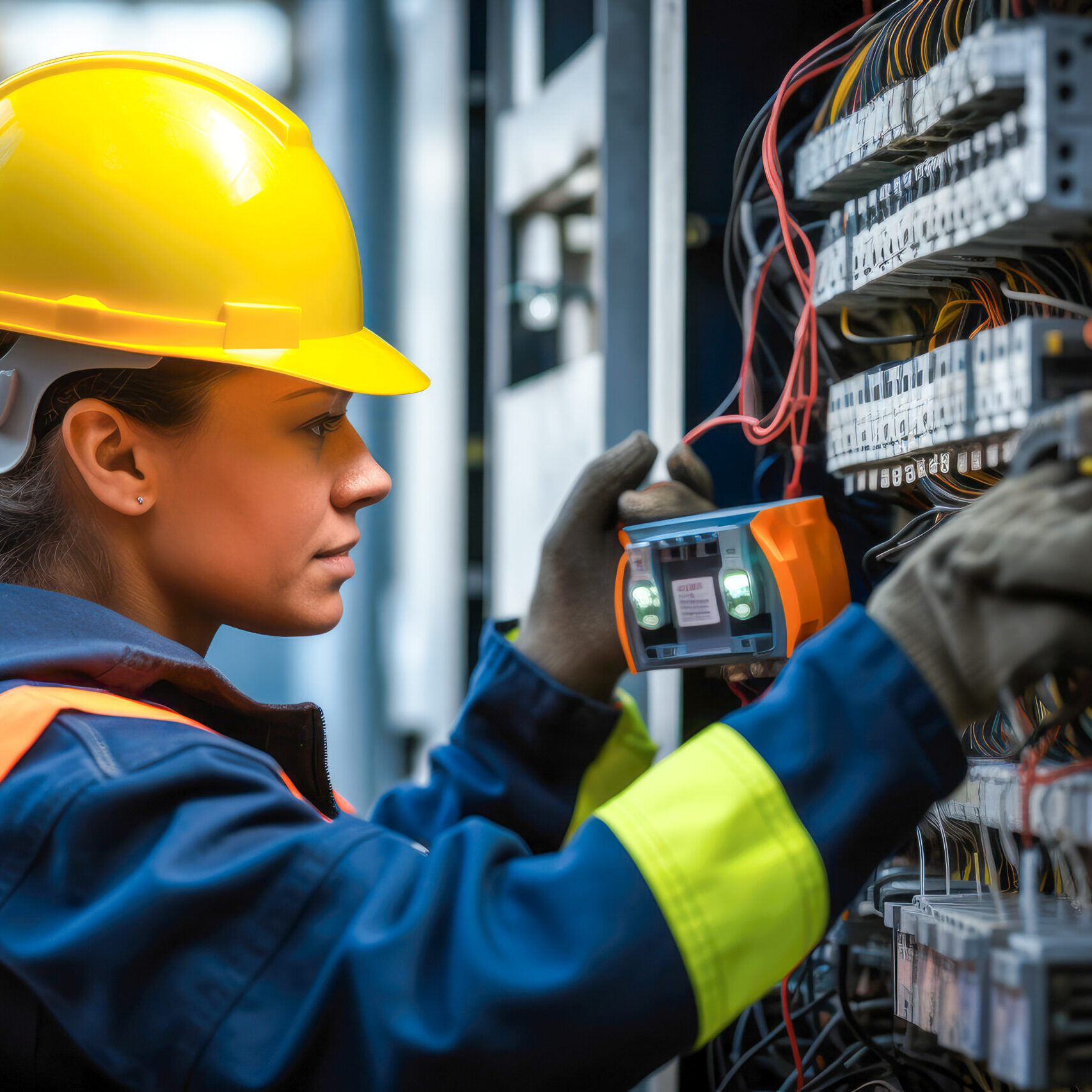 Female commercial electrician at work on a fuse box, adorned in safety gear, demonstrating professionalism